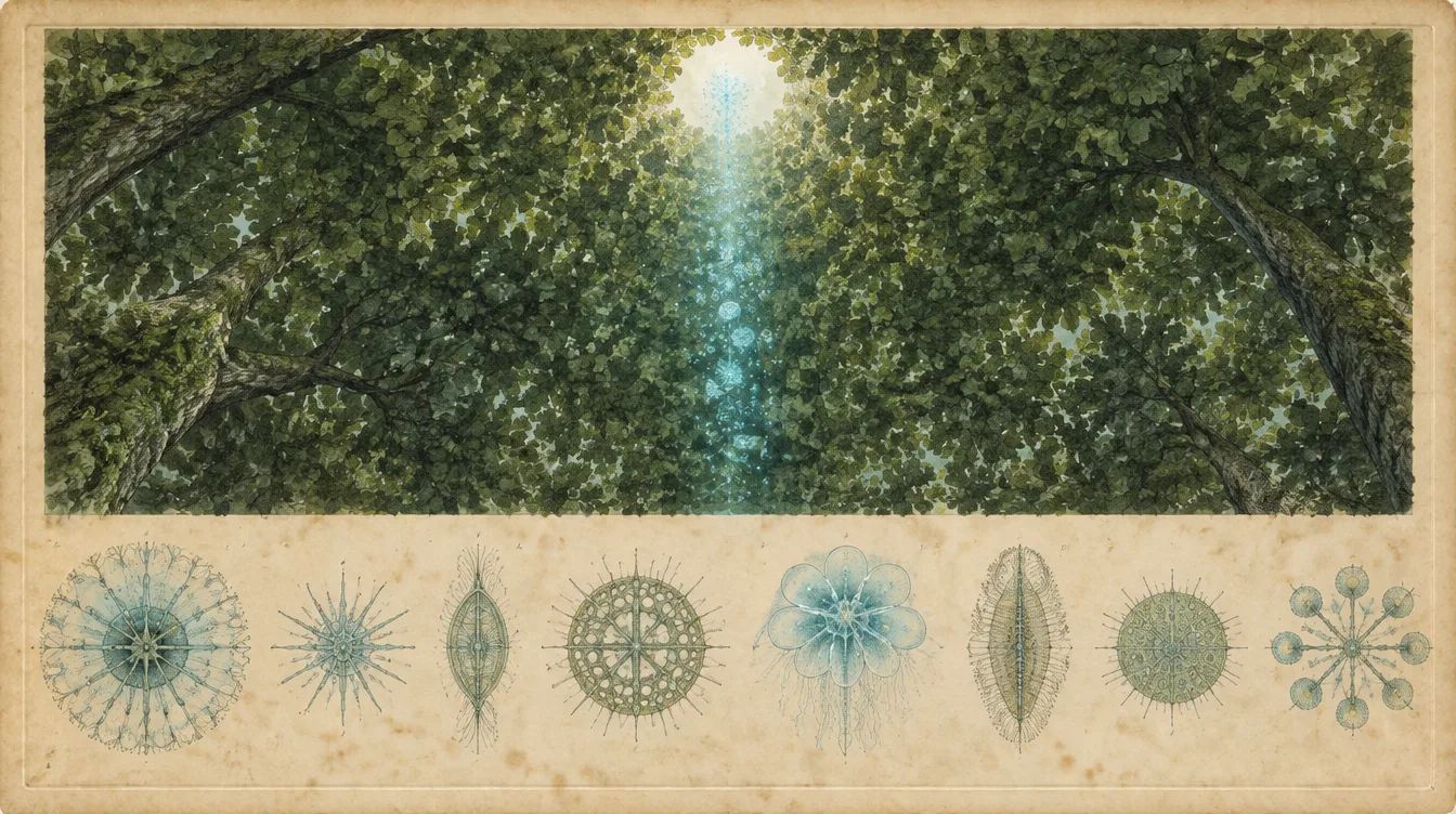 Plat kanopi teratas dilihat dari bawah: langit-langit daun yang rapat dengan satu celah bundar di tengah atas, cahaya pagi jatuh lewat celah, dan satu tiang plankton cyan menunggu di bawahnya. Di bawah plat ada delapan gambar spesimen.
