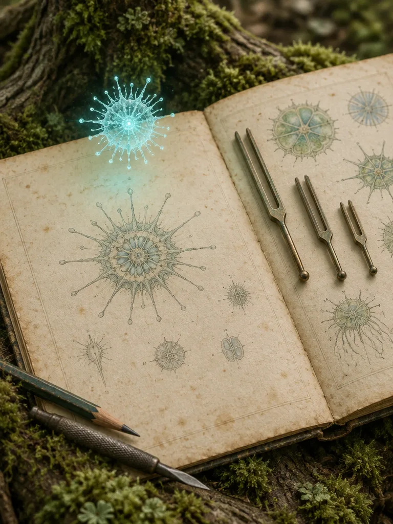 Buku sketsa terbuka di atas akar berlumut: studi tinta satu plankton bersimetri radial, plankton cyan yang asli melayang di atas gambarnya, dan tiga garpu tala berbeda panjang di halaman sebelah.