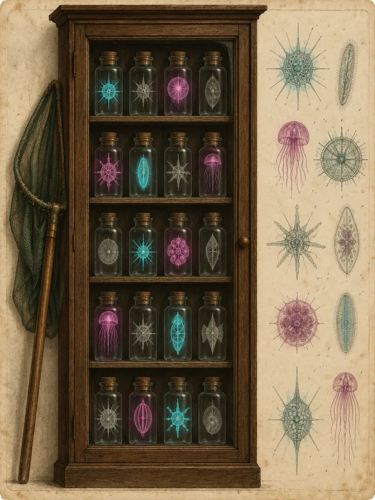 Lemari kayu berpintu kaca berisi deretan botol spesimen bergabus. Sebagian plankton di dalamnya masih bersinar cyan atau magenta, sebagian sudah padam abu-abu. Jaring bergagang panjang bersandar di sisinya.
