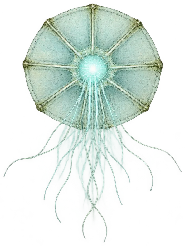 Lumen, plankton cakram transparan berusuk delapan dengan inti cyan dan sulur halus.