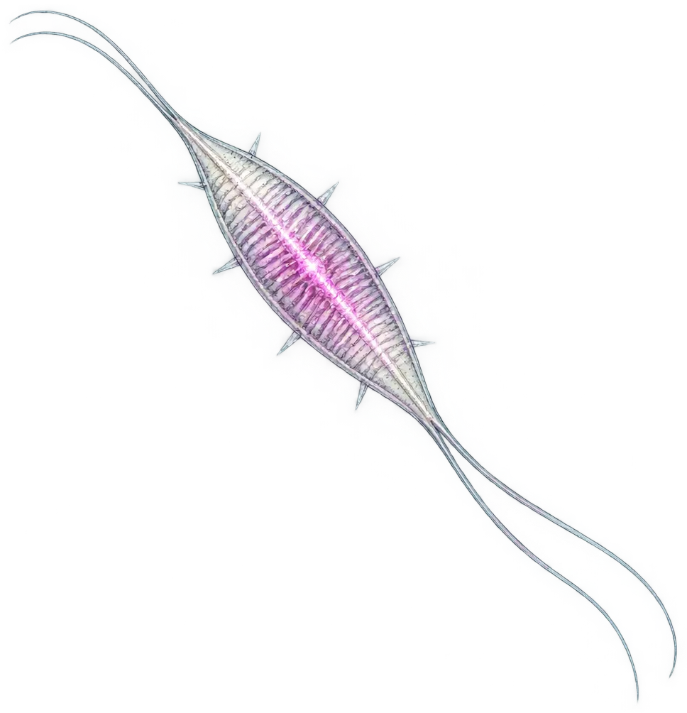 Spindle, plankton gelendong panjang dengan pita magenta dan dua ekor cambuk.